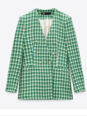 Zara Green & White Tweed Double-Breasted Blazer
